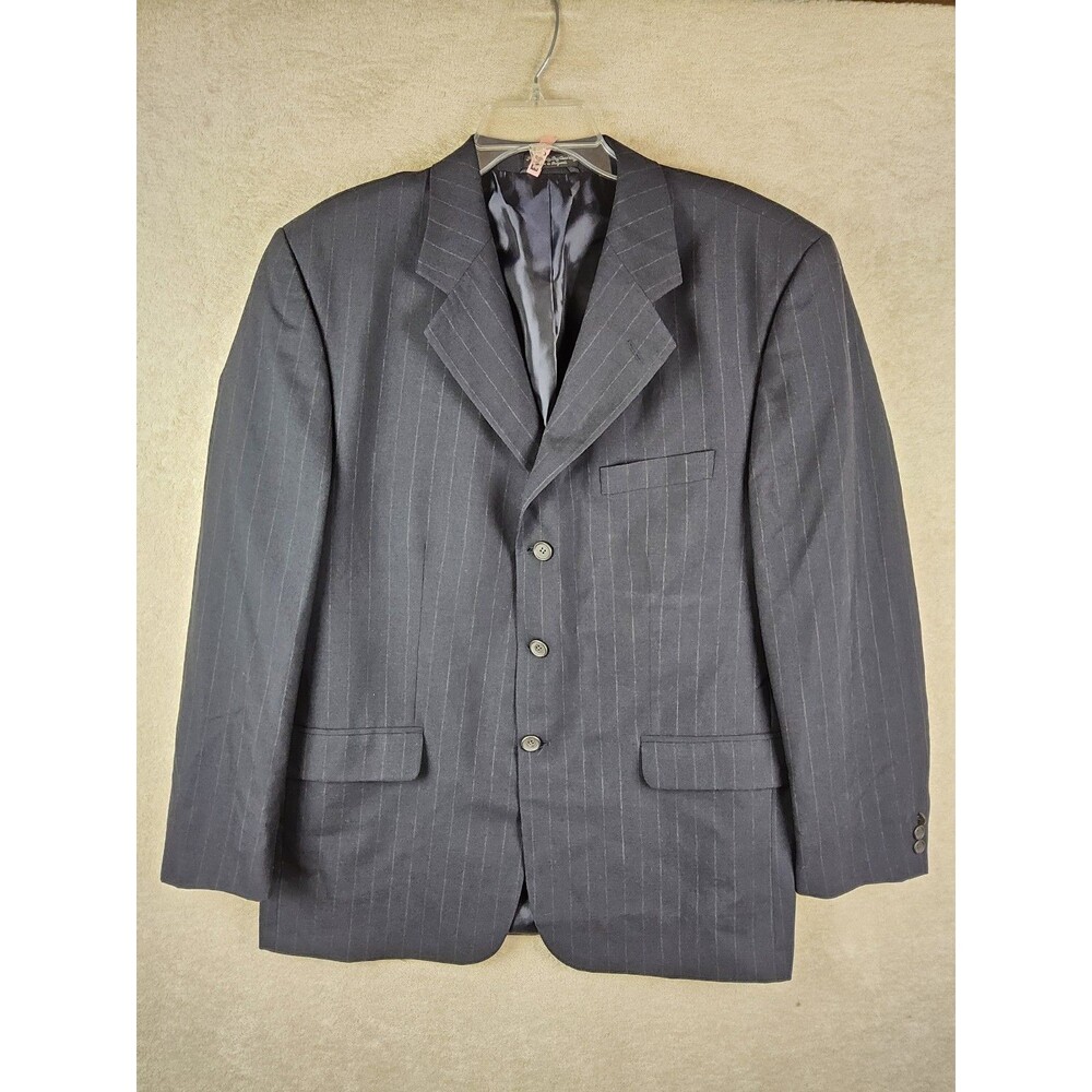 Uomo Franco Men's Striped Navy 3 Button 100% Wool Suit Jacket Size 42R